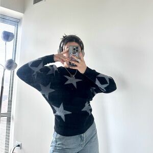 Philosophy Fuzzy Black Crewneck Sweater with Blue Star Pattern - XS